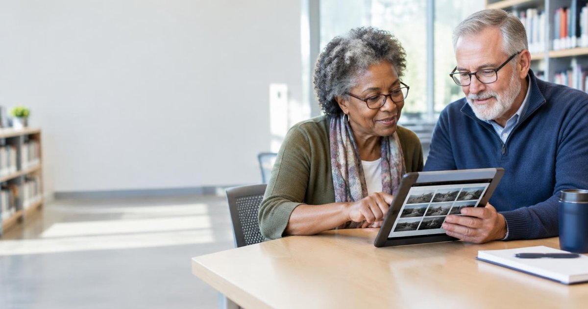 Older adults examining photographs on a tablet together